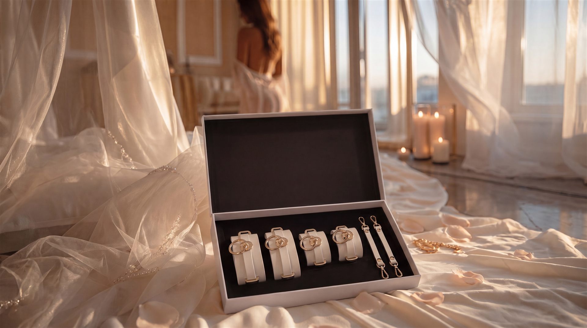 Tu es à moi — Wedding Night Box, white leather bridal accessories with gold details