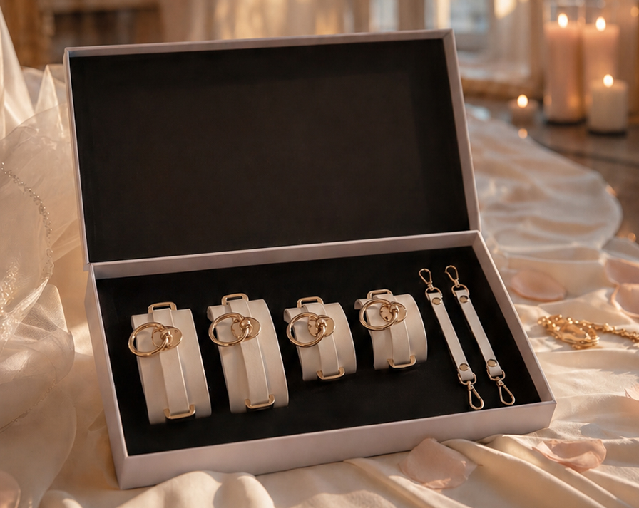 Restraint Edition — white leather wrist and ankle cuffs with gold hardware